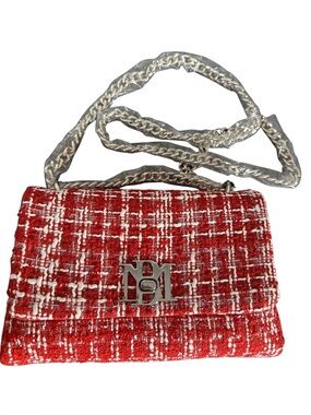 NWT Badgley Mischka Red Tweed Messenger Bag with Crossbody Chain
